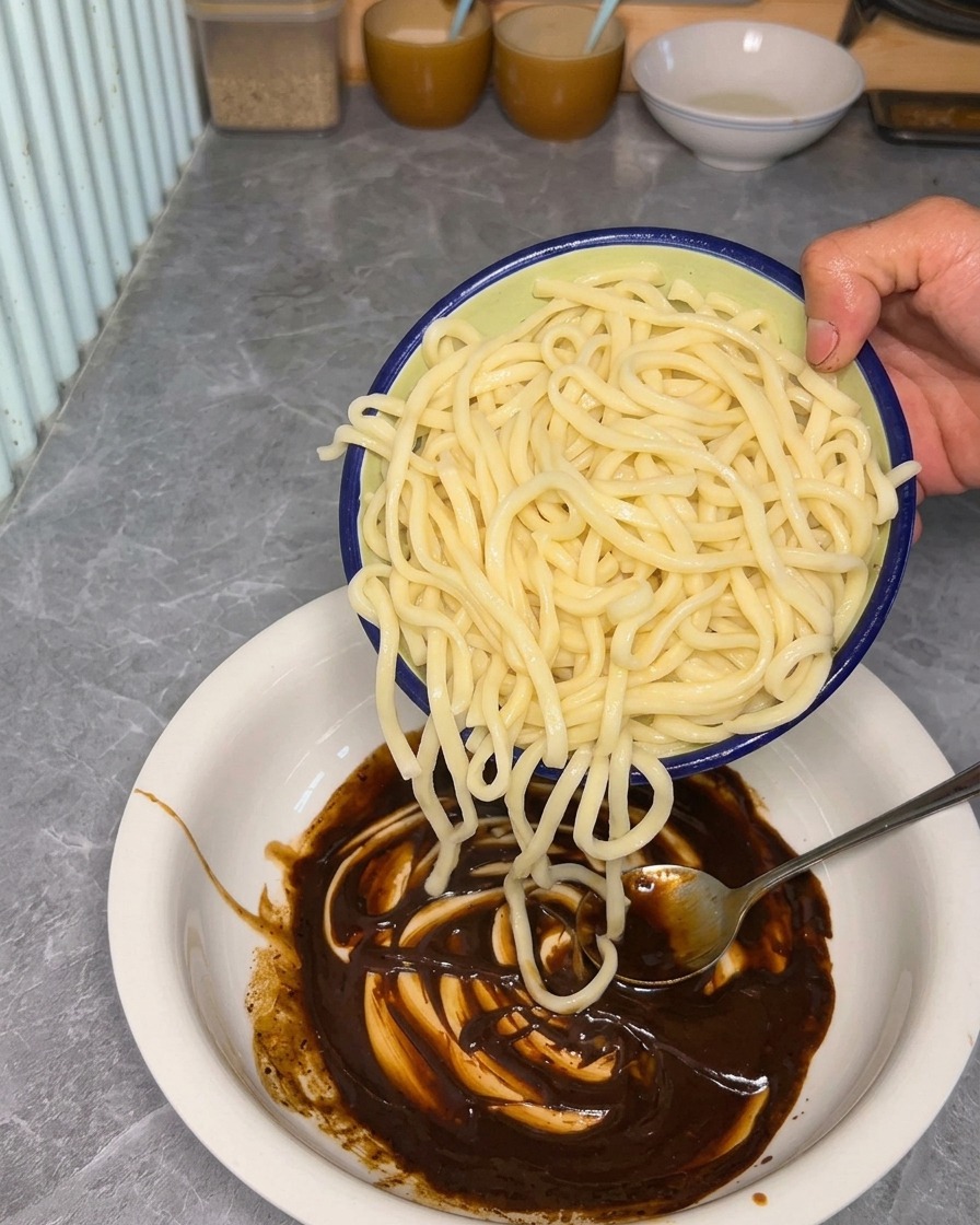 Nouilles cuites ajoutées dans le bol contenant la sauce.