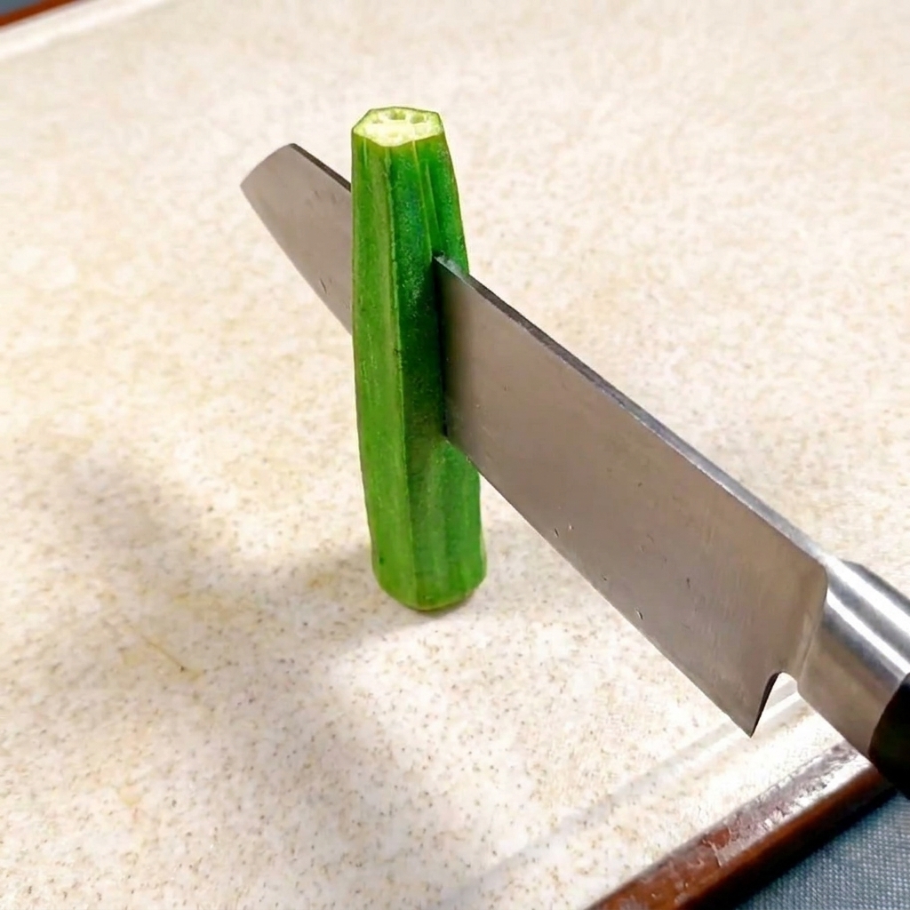 Une gousse de gombo coupée délicatement dans le sens de la longueur avec un couteau de chef sur une planche à découper.