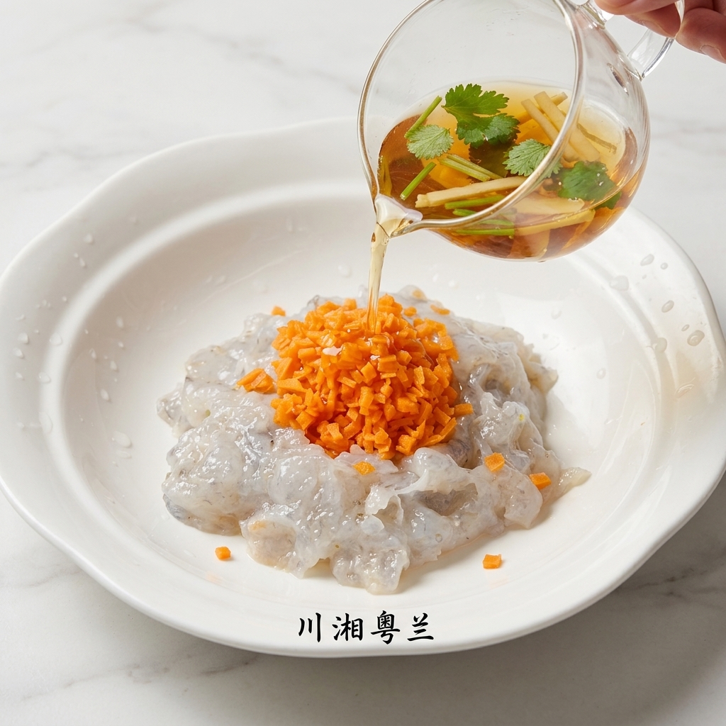 Des assaisonnements versés dun petit pichet en verre dans un bol rempli de pâte de crevettes crue.