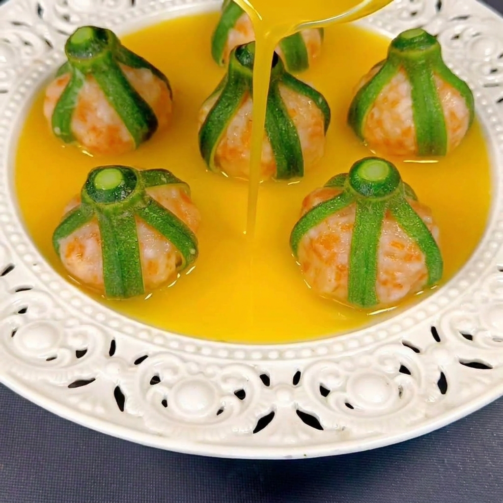 Une sauce dorée lisse et épaisse versée dun petit pichet en verre sur des boulettes de crevettes à la vapeur enveloppées dans des lanières de gombos verts, le tout disposé sur une assiette blanche ornée.