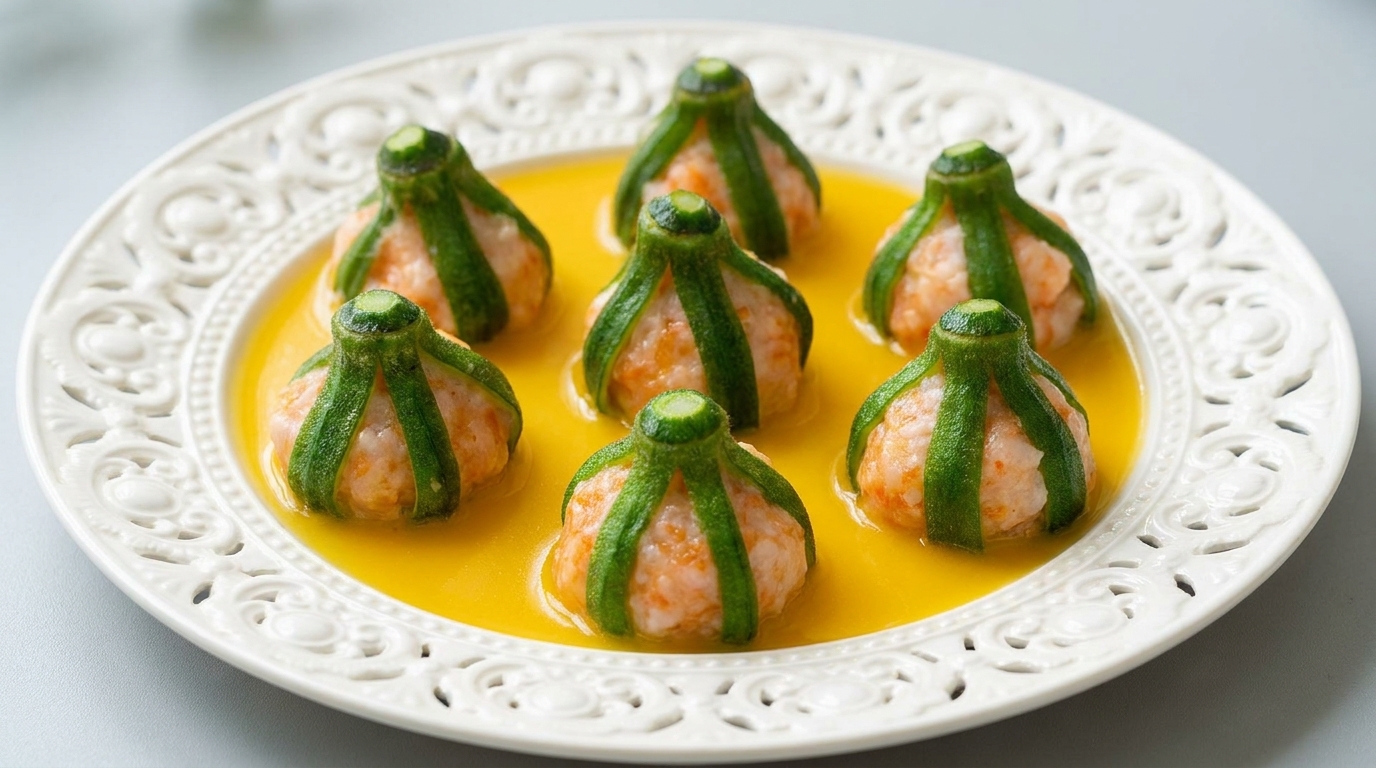 Bouchées de Gombos aux Crevettes à la Vapeur et Sauce Dorée