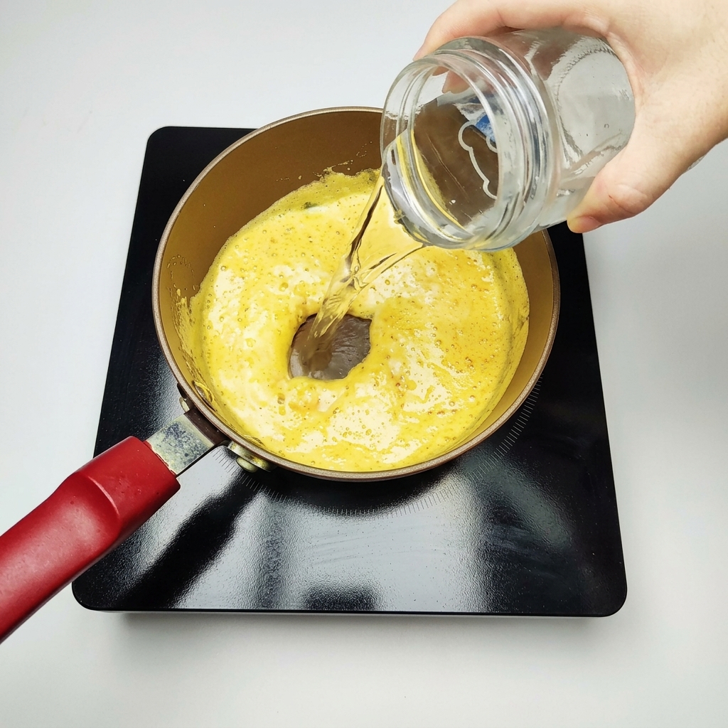 Une main versant de leau depuis un pichet en verre dans une casserole contenant un mélange bouillonnant et doré de jaunes dœufs salés.