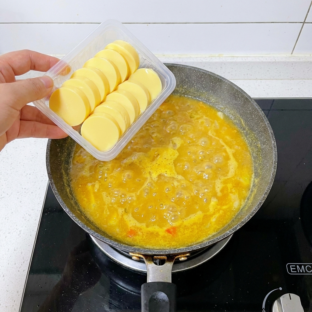 Une main faisant glisser délicatement des rondelles jaunes de tofu aux œufs depuis une barquette en plastique dans un bouillon doré frémissant.