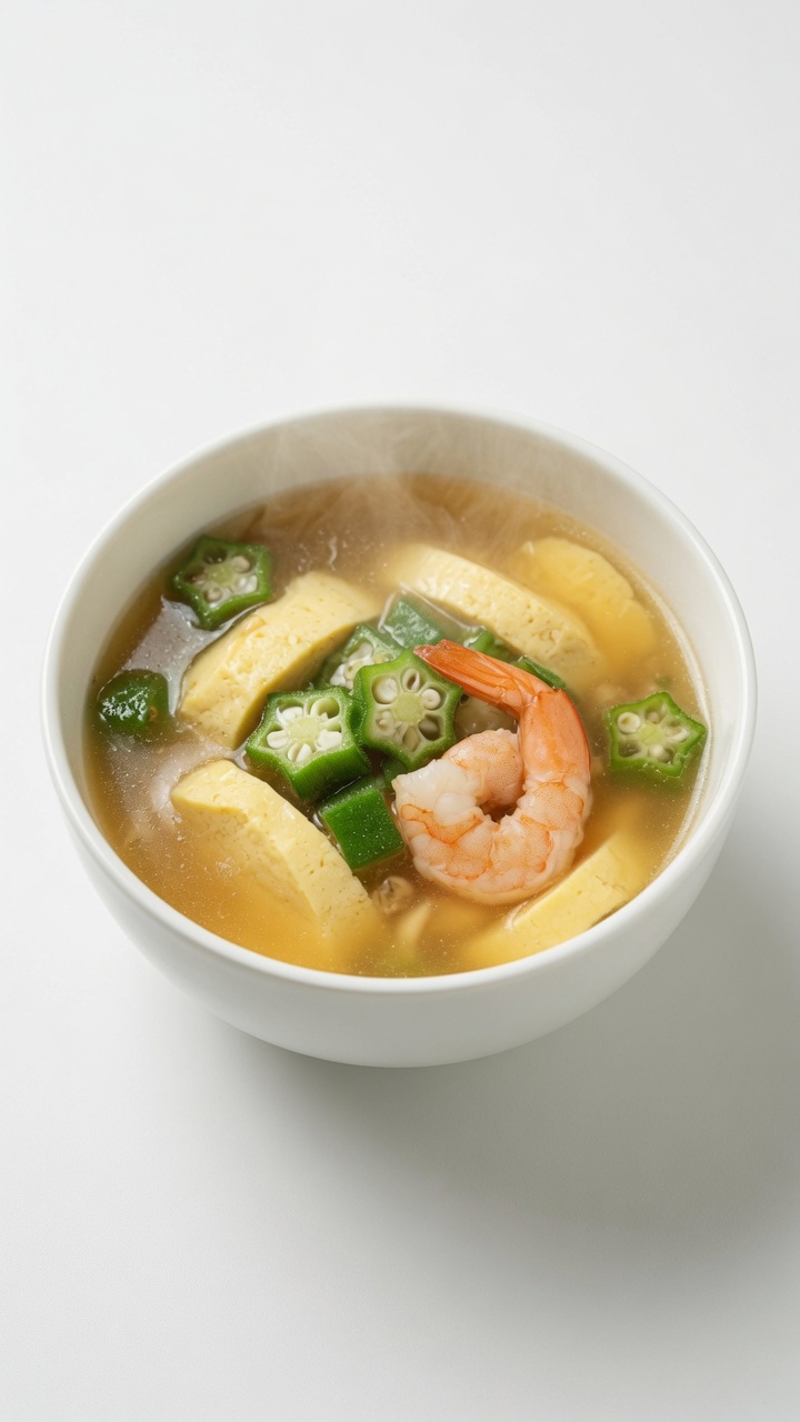 Soupe Dorée aux Crevettes, Tofu et Gombos