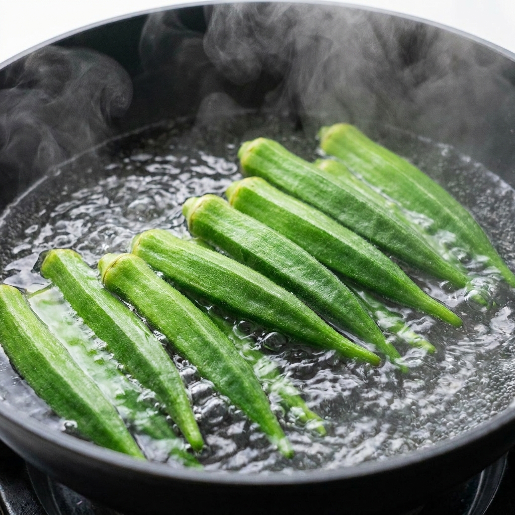 Gombo entier en train dêtre blanchi dans une casserole deau bouillante.