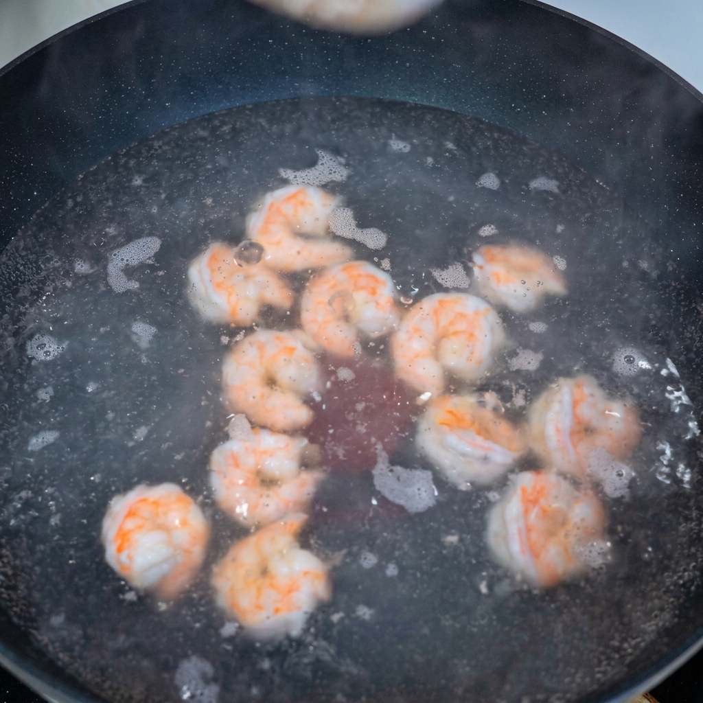 Crevettes bouillies dans de leau jusquà cuisson complète.