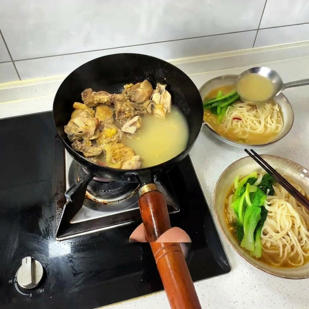 Verser à la louche du bouillon de poulet chaud et des morceaux de viande cuite dun wok sur un bol de nouilles et de légumes verts.