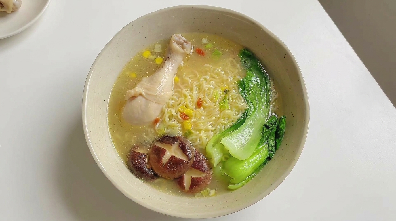 Ramen de luxe au poulet, champignons shiitake et bok choy