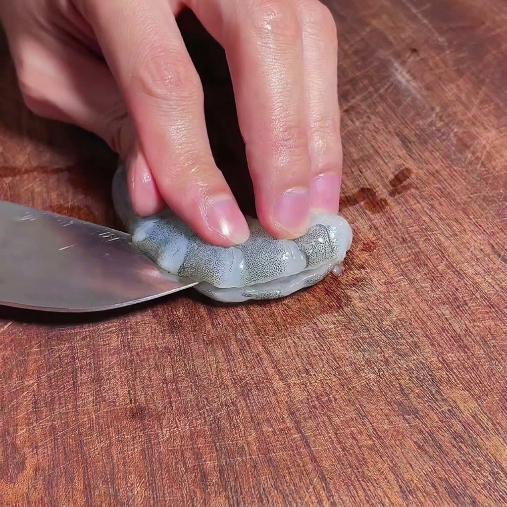 Crevettes crues décortiquées dans un bol en verre, assaisonnées avec du sel et du poivre.