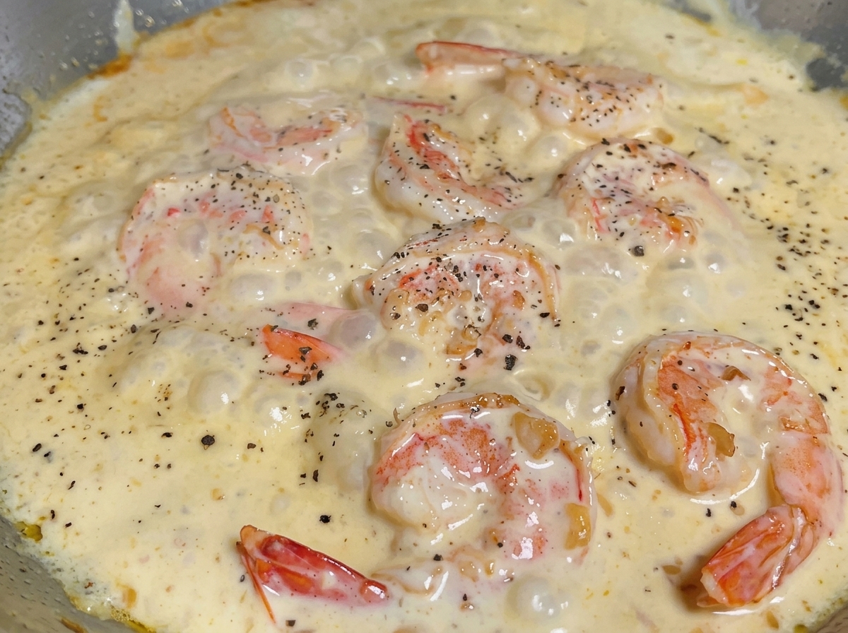 Pâtes cuites ajoutées à une poêle remplie de sauce crémeuse aux crevettes.