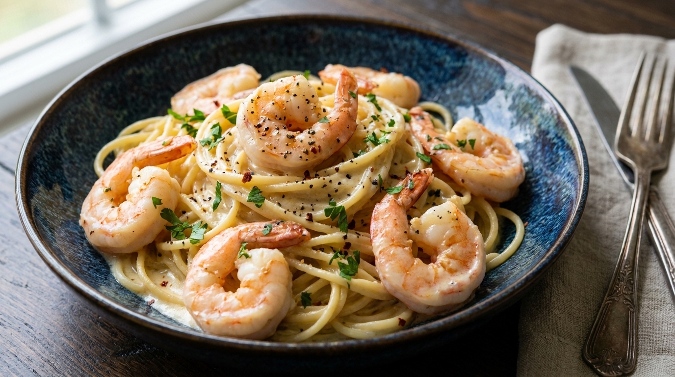 Pâtes crémeuses aux crevettes et à l'ail