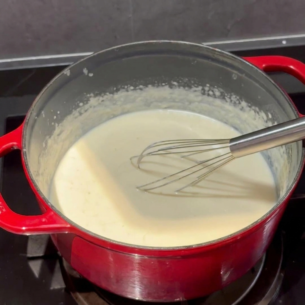 Cheddar et parmesan incorporés à la sauce blanche crémeuse.