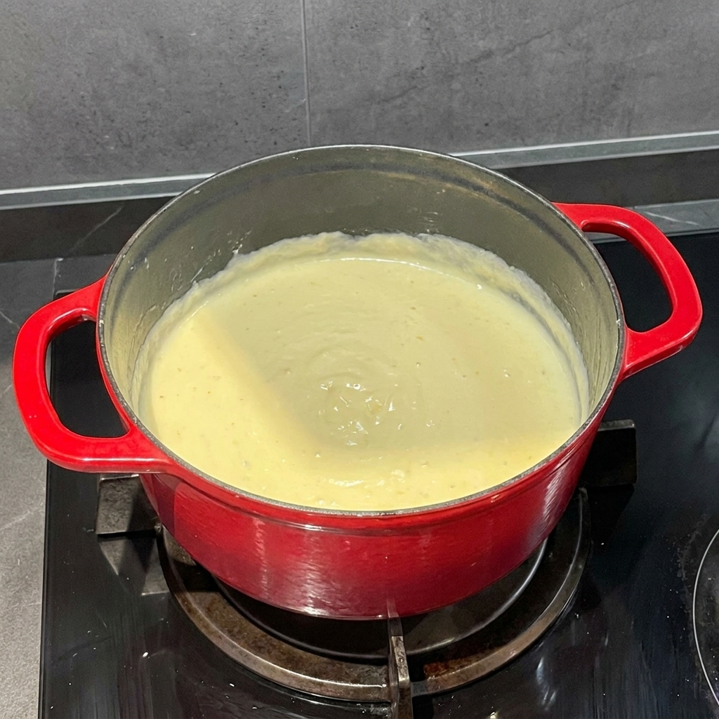 Sauce au fromage lisse et crémeuse dans la casserole, assaisonnée de poivre noir moulu.