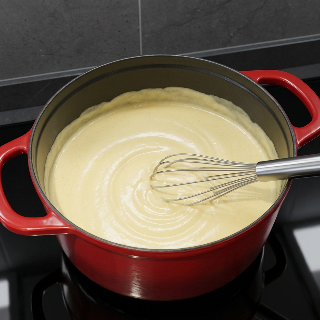 Macaronis cuits incorporés à la sauce au fromage épaisse dans la casserole.