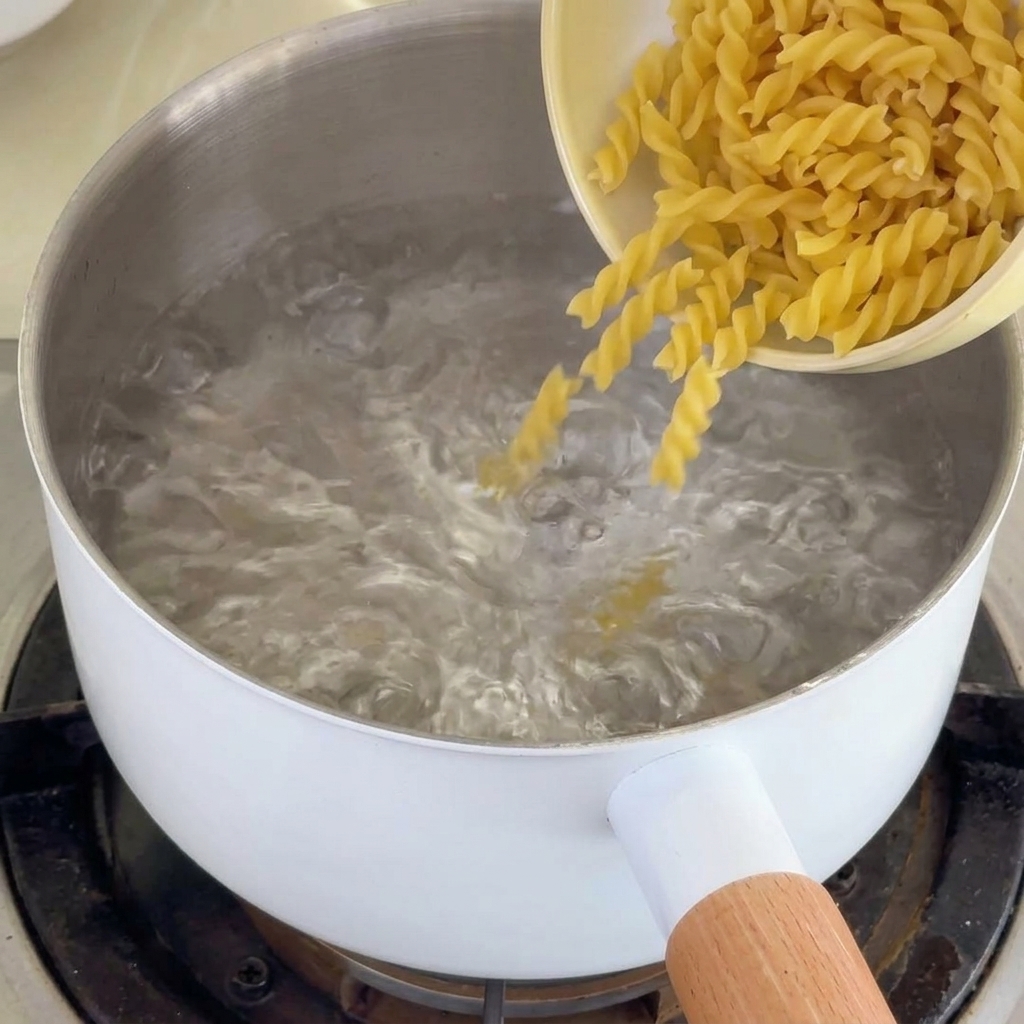 Fusilli crus plongés dans une casserole deau bouillante.
