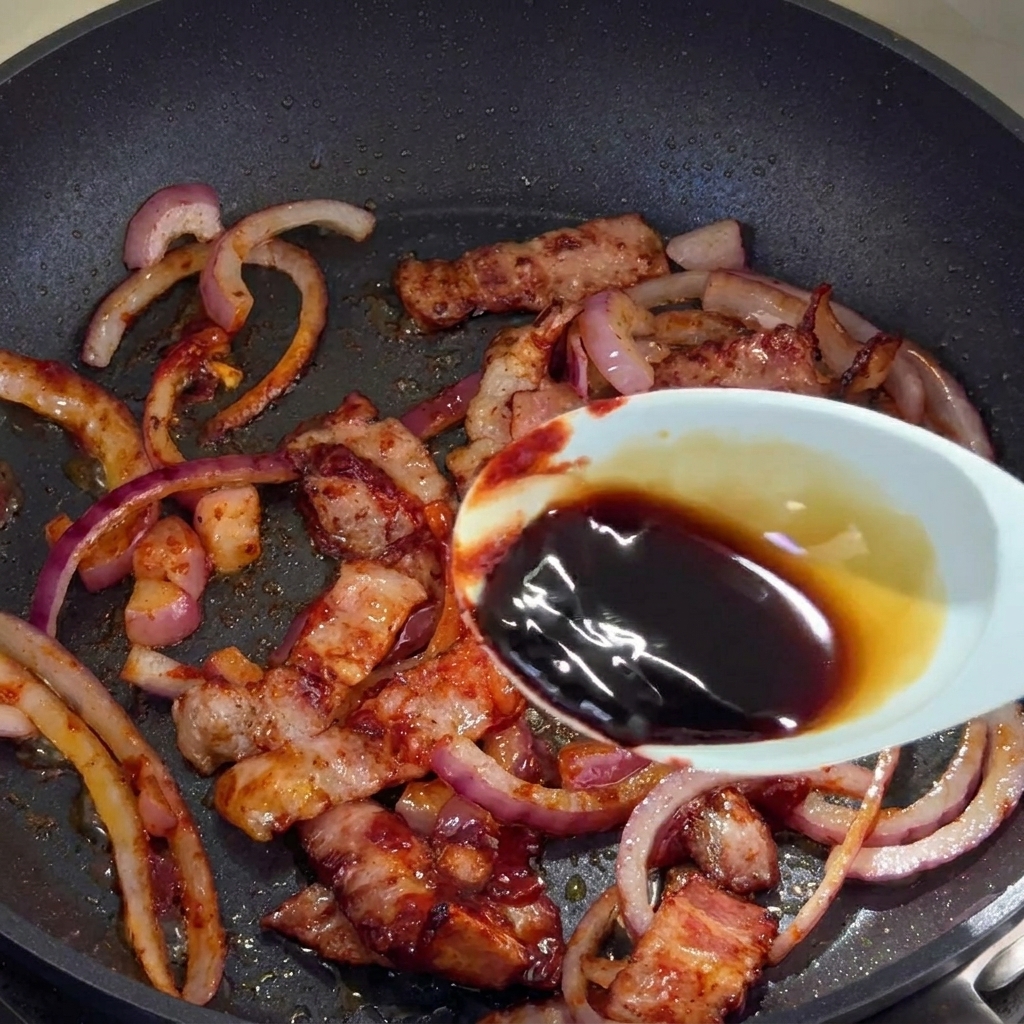 Sauce soja versée depuis une cuillère blanche dans la poêle.
