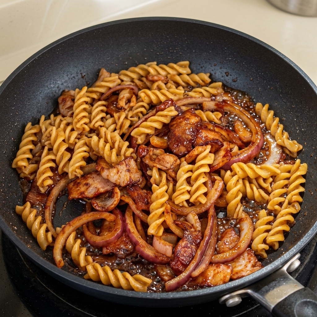 Fusilli cuits ajoutés dans la poêle avec le bacon et les oignons.