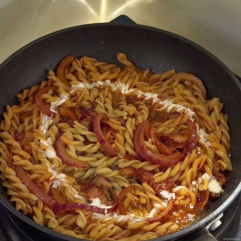 Crème versée en un mouvement circulaire sur les pâtes dans la poêle.