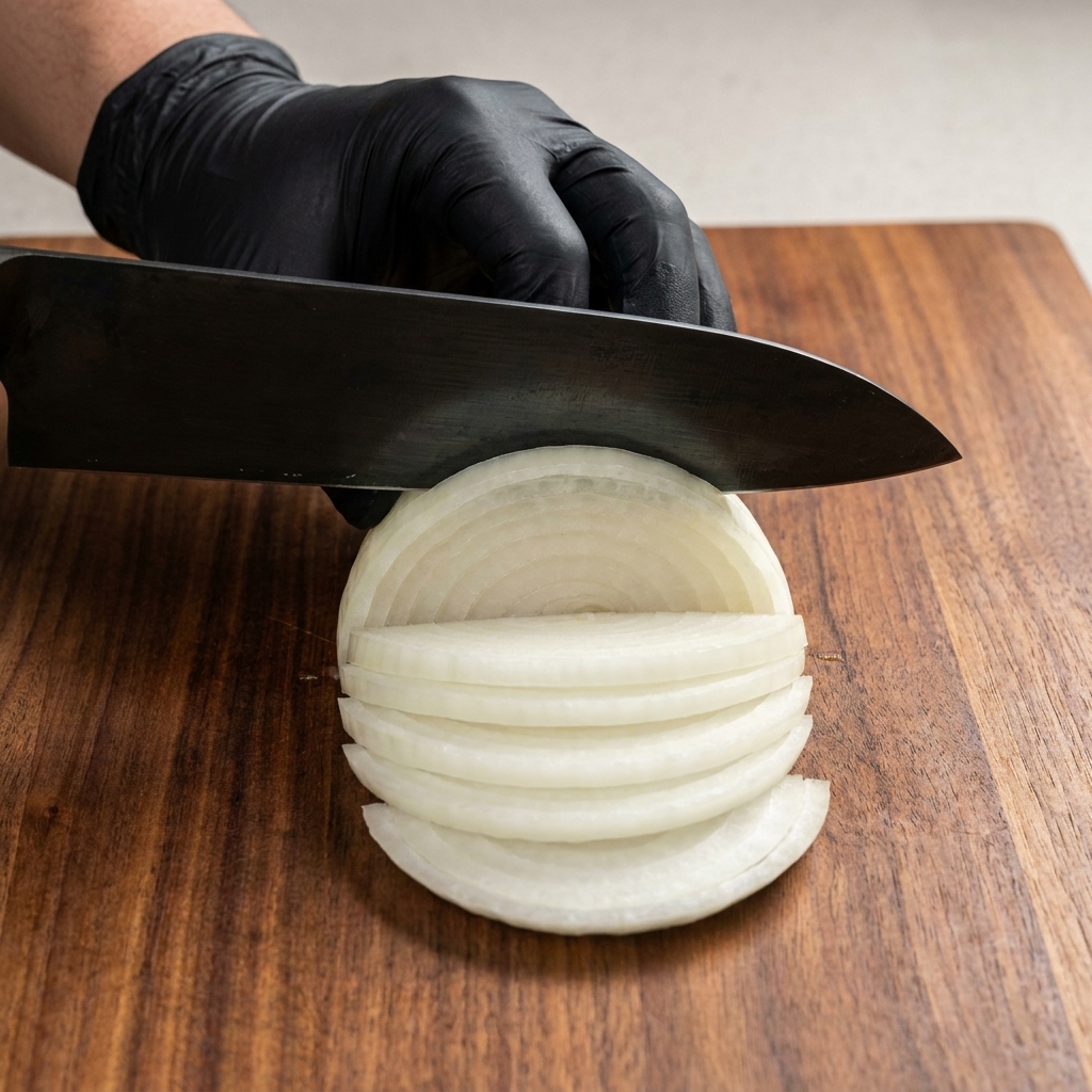 Une personne avec des gants noirs utilisant un couteau noir pour émincer un oignon blanc sur une planche à découper en bois.