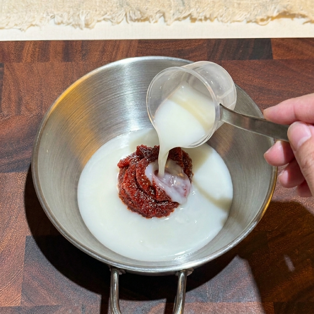 Une main versant un liquide dassaisonnement blanc sur un tas de pâte de piment coréenne rouge foncé dans un bol en métal.