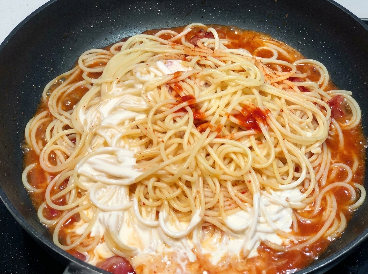Spaghettis dans une poêle recouverts dun mélange de sauce rouge épicée et de crème blanche.