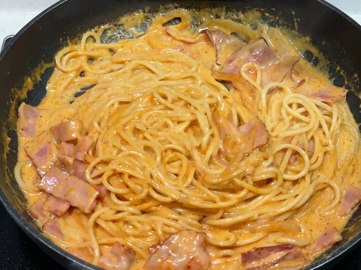 Spaghettis mélangés avec des baguettes dans une poêle jusquà être complètement enrobés dune sauce orange crémeuse.
