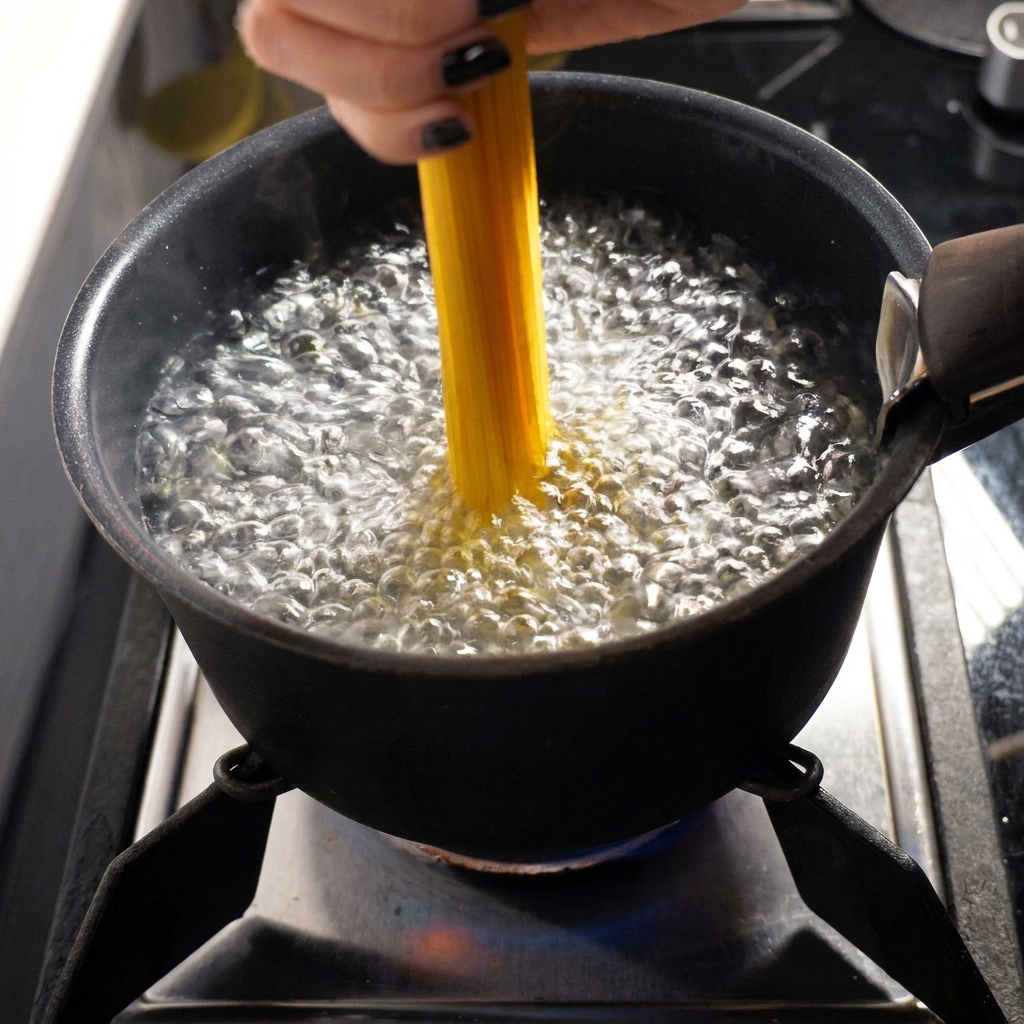 Une main plongeant des spaghettis dans une marmite deau bouillante.