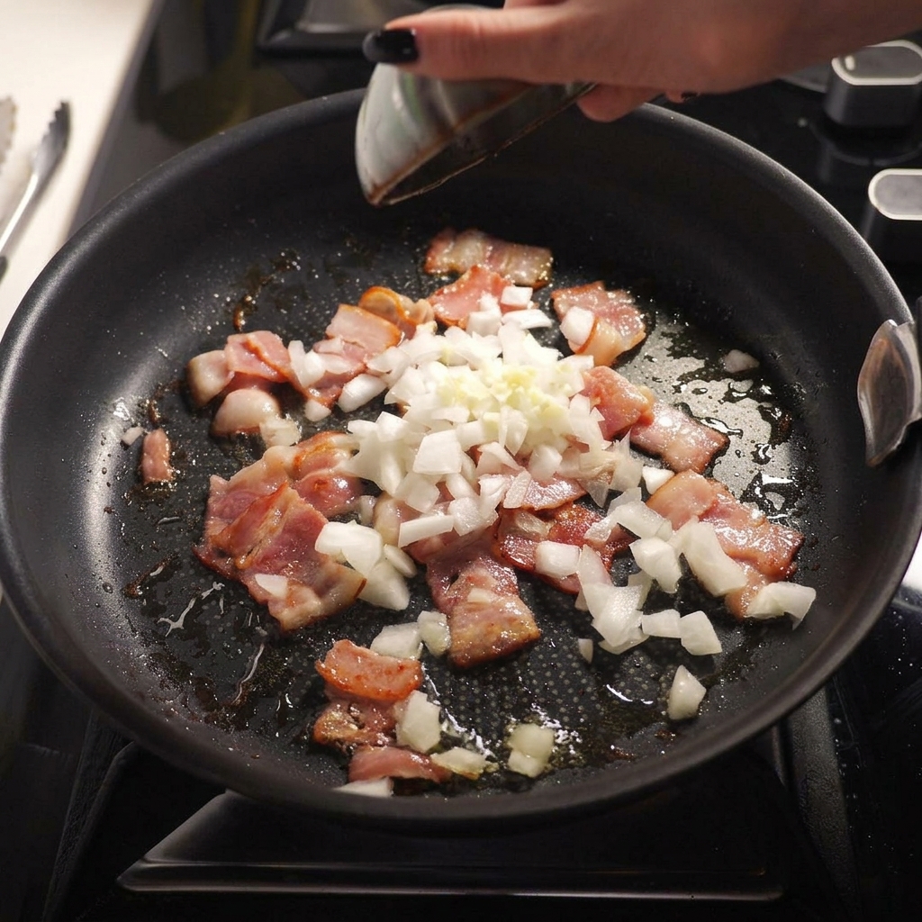 Ajout doignons hachés et dail émincé dans la poêle contenant le bacon.