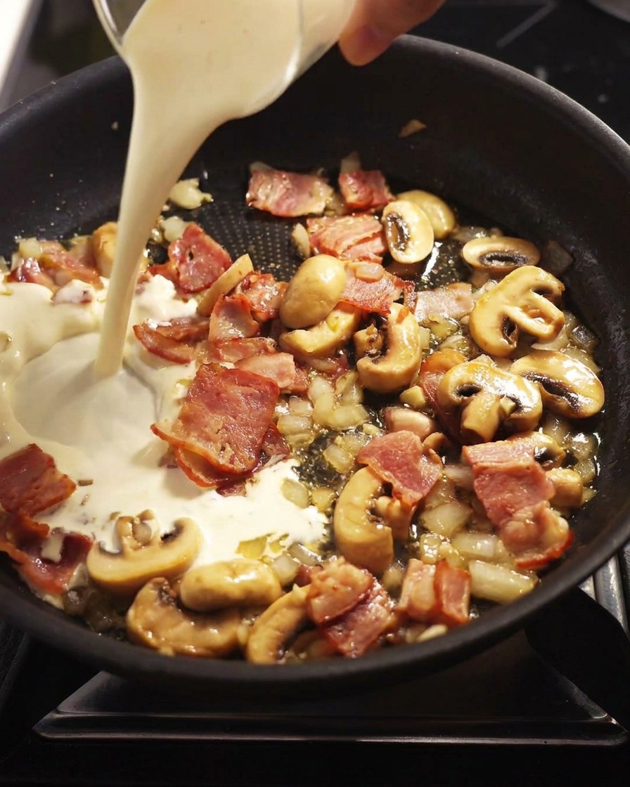 Crème liquide versée dans la poêle sur les champignons et le bacon.