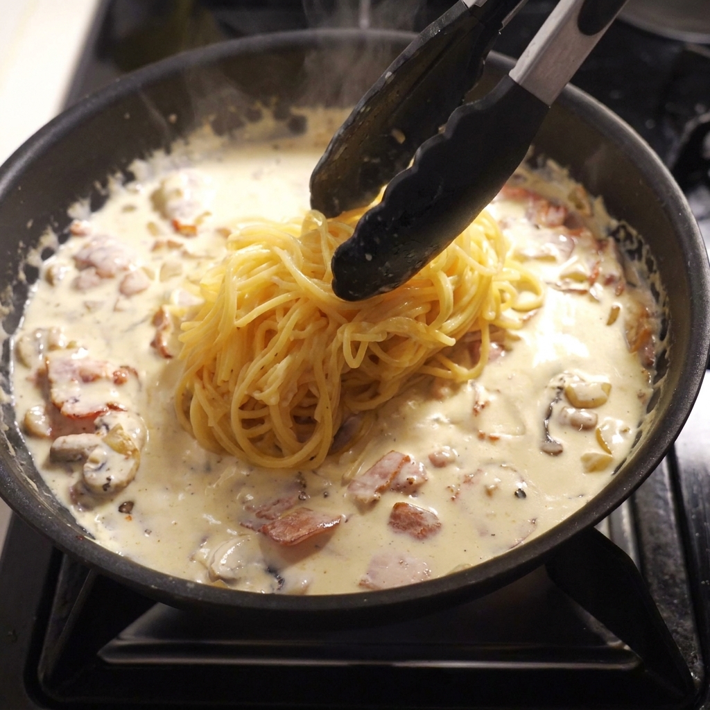 Transfert des spaghettis de la marmite vers la poêle à laide de pinces.