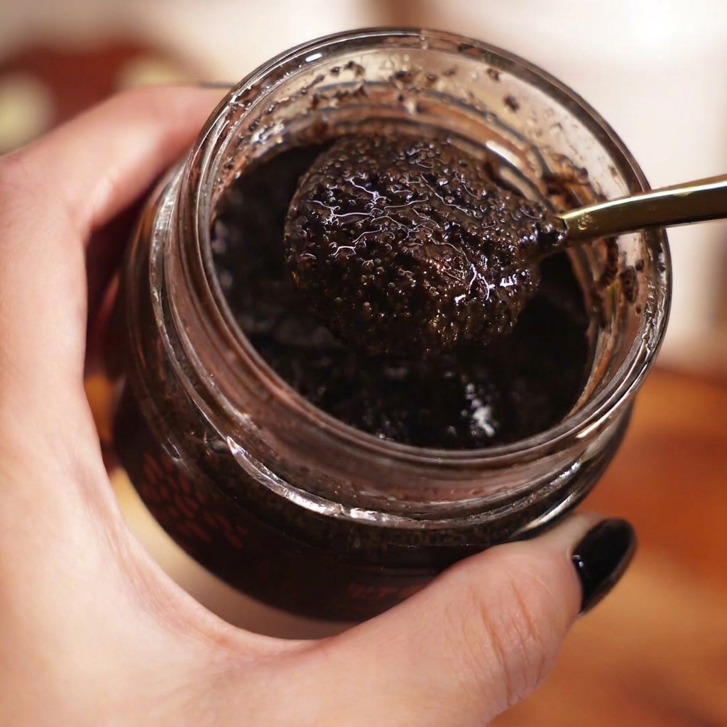 Une cuillerée de crème de truffe noire ajoutée au plat de pâtes.