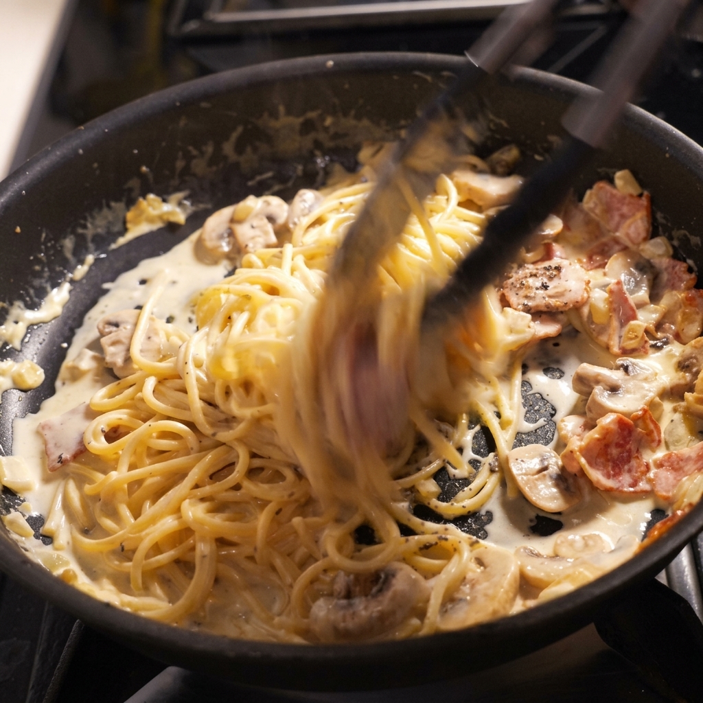 Spaghettis mélangés dans la poêle avec la sauce crémeuse et la truffe.