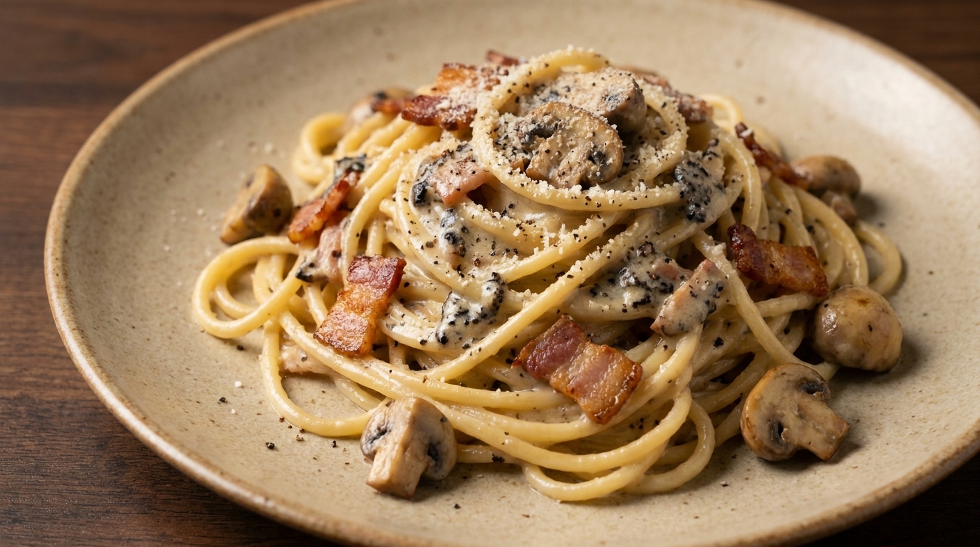 Pâtes crémeuses à la truffe noire, bacon et champignons
