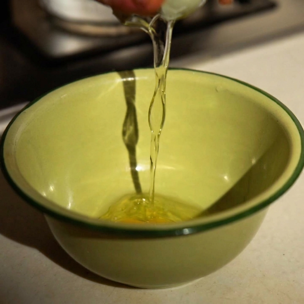 Un œuf, du parmesan et de la sauce à la truffe noire mélangés dans un bol vert clair.