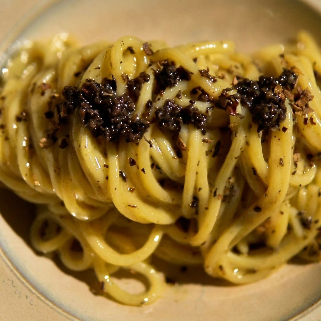 Une sauce crémeuse à la truffe et au fromage versée sur les nouilles cuites dans une poêle.