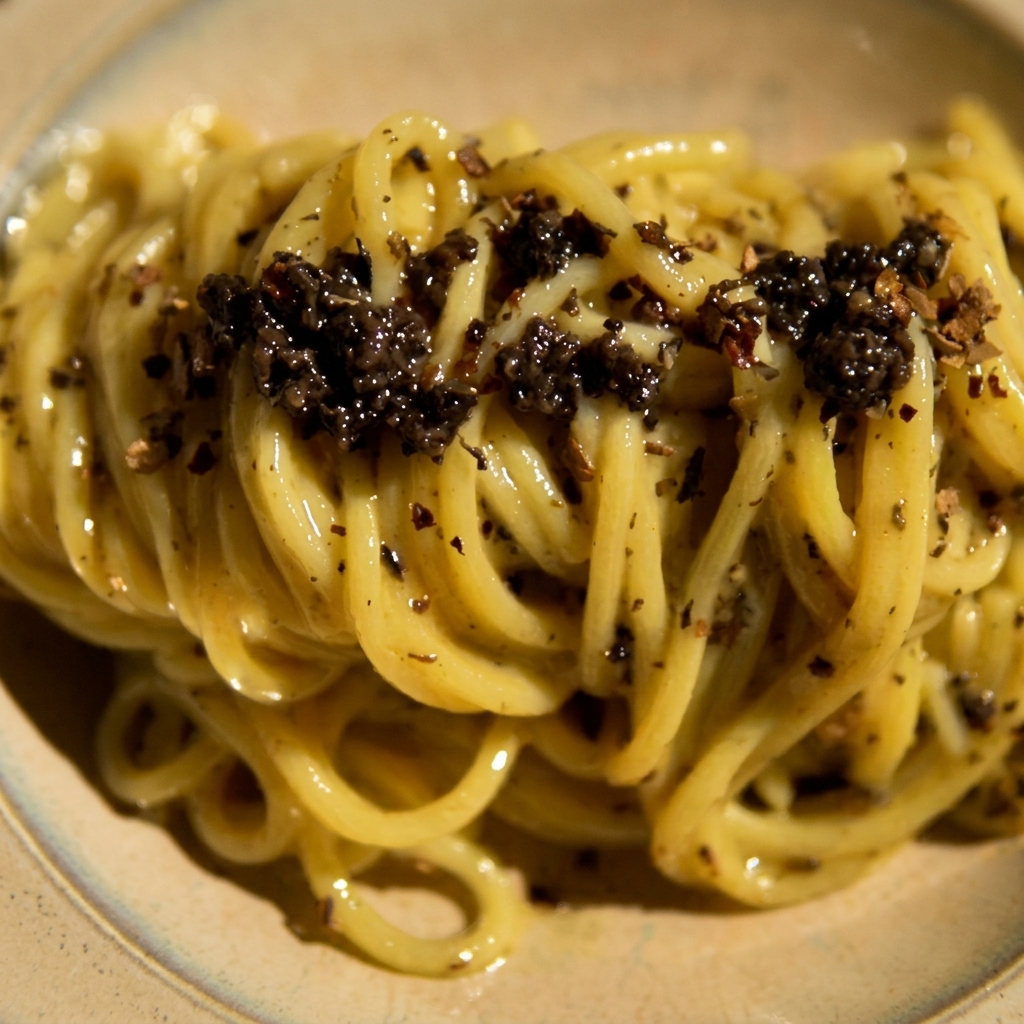 Des nouilles enrobées dune sauce riche et crémeuse avec des morceaux de truffe dans une poêle.