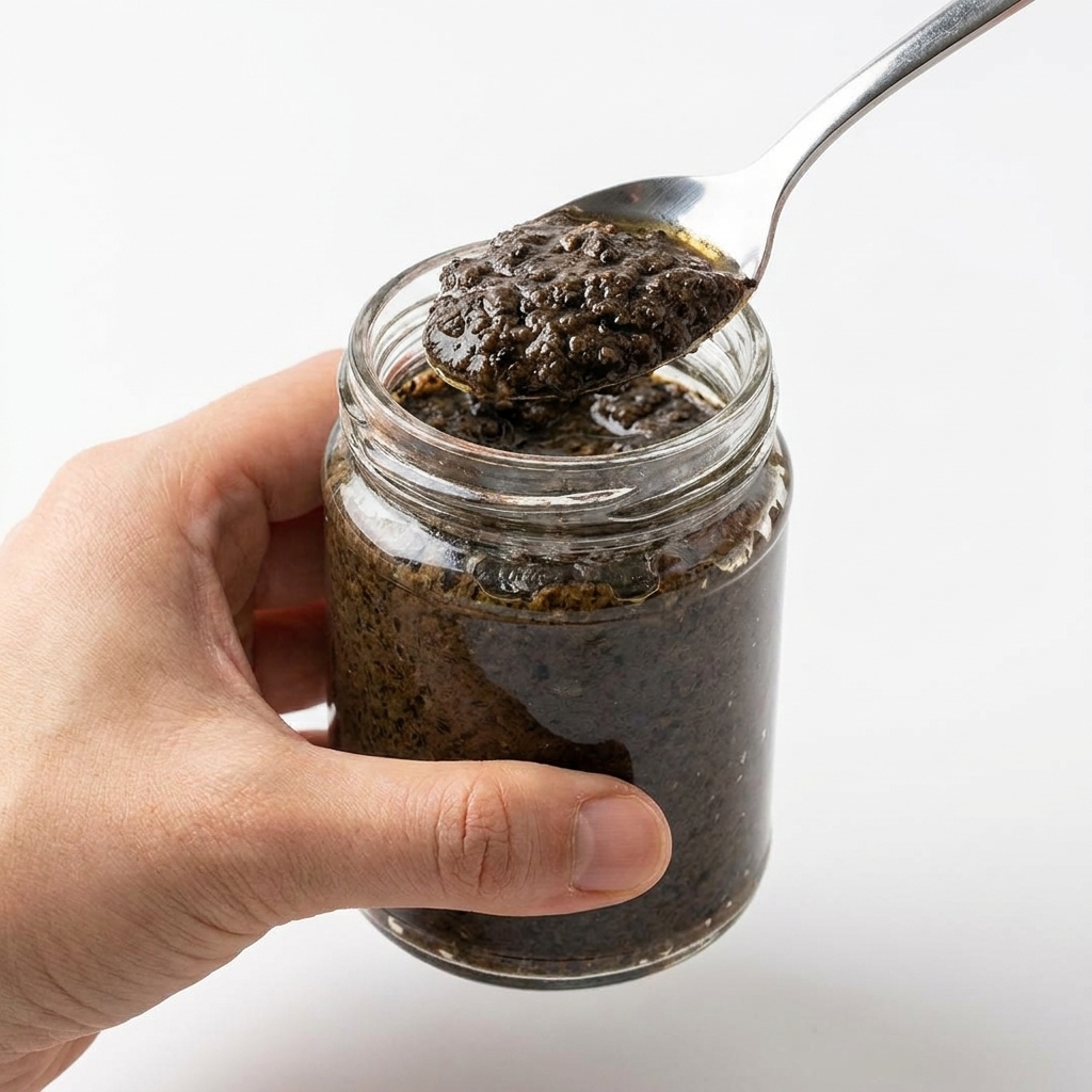 Gros plan dun petit bol en verre contenant un mélange texturé de truffe noire et de jaune dœuf, remué avec une cuillère en métal.