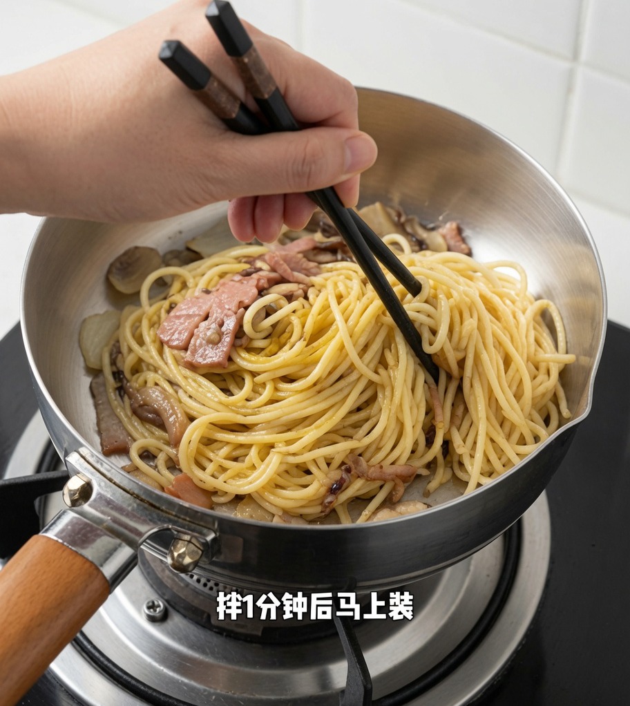 Spaghettis à la truffe noire mélangées dans une poêle avec des baguettes.