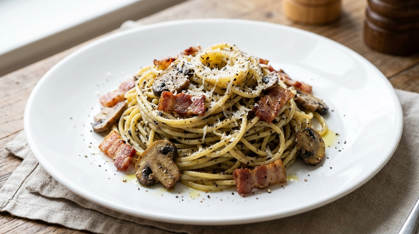 Une assiette de spaghettis mélangées avec du bacon, des champignons et une sauce à la truffe noire, agrémentée de fromage râpé et de poivre noir.