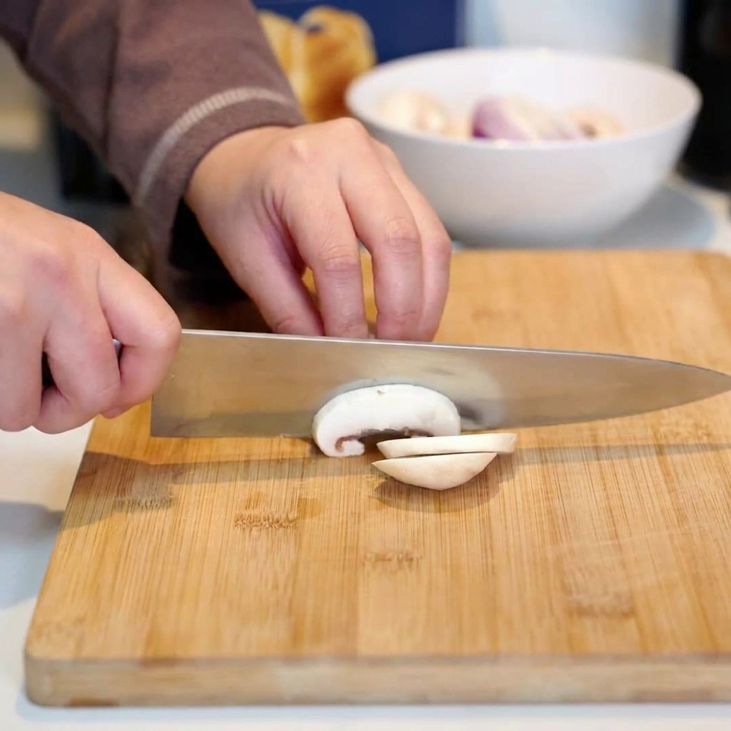 Mains coupant des champignons de Paris frais sur une planche à découper en bois.