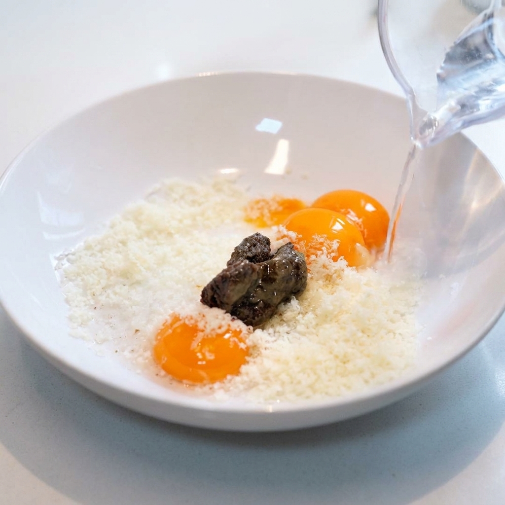 Un filet deau versé dans un bol contenant des jaunes dœufs, du fromage râpé et de la sauce à la truffe noire.