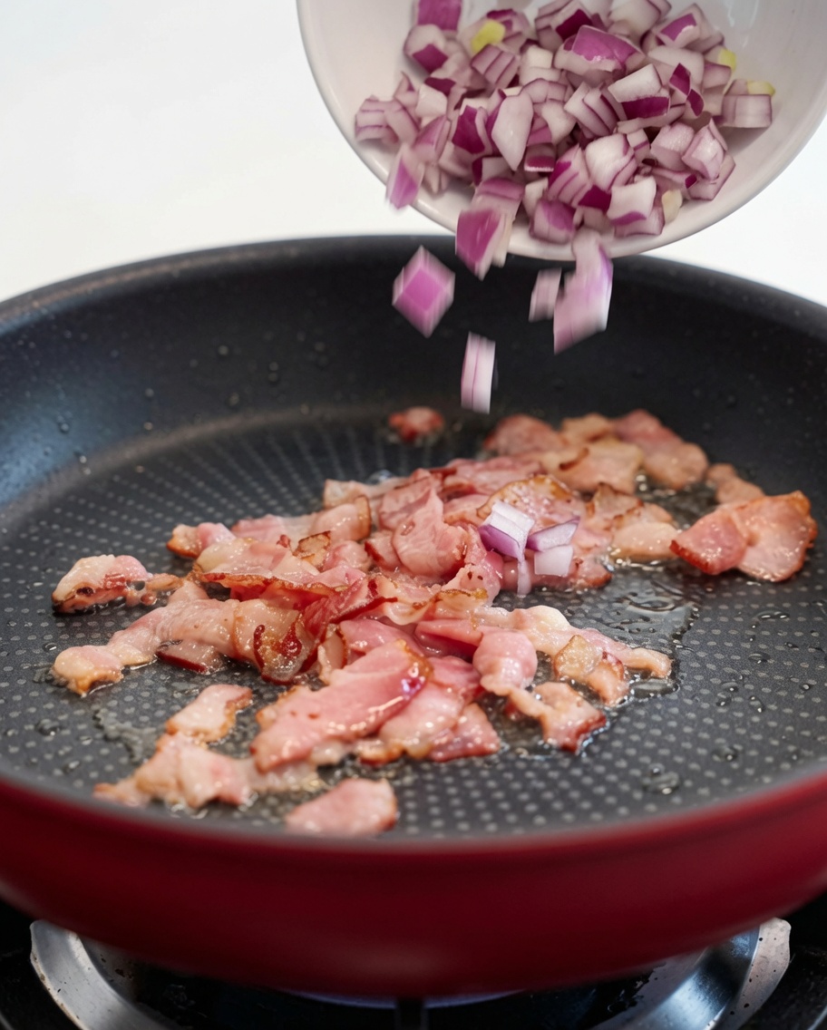 Oignons rouges hachés versés dans une poêle chaude avec le bacon croustillant.