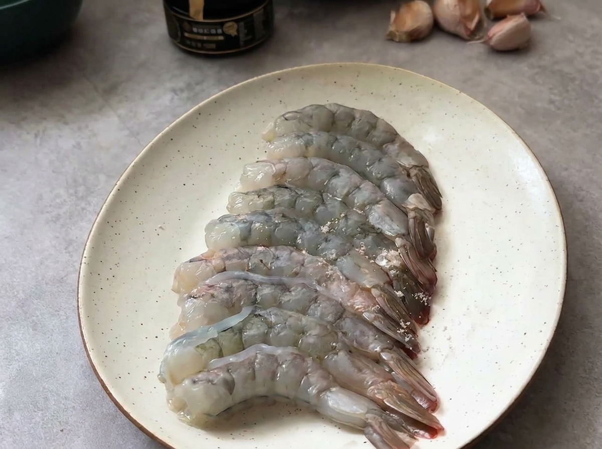 Crevettes crues décortiquées disposées sur une assiette, légèrement assaisonnées de sel et de poivre noir.
