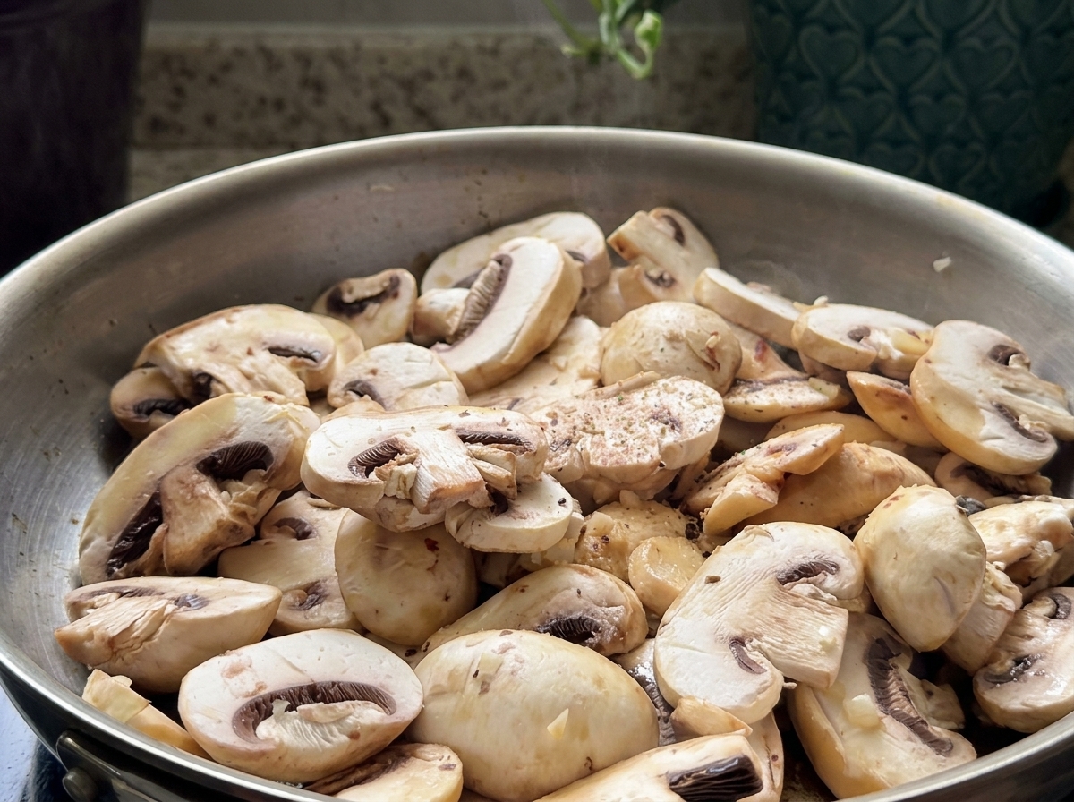 Champignons émincés et ail haché cuisant ensemble dans une poêle en acier inoxydable.
