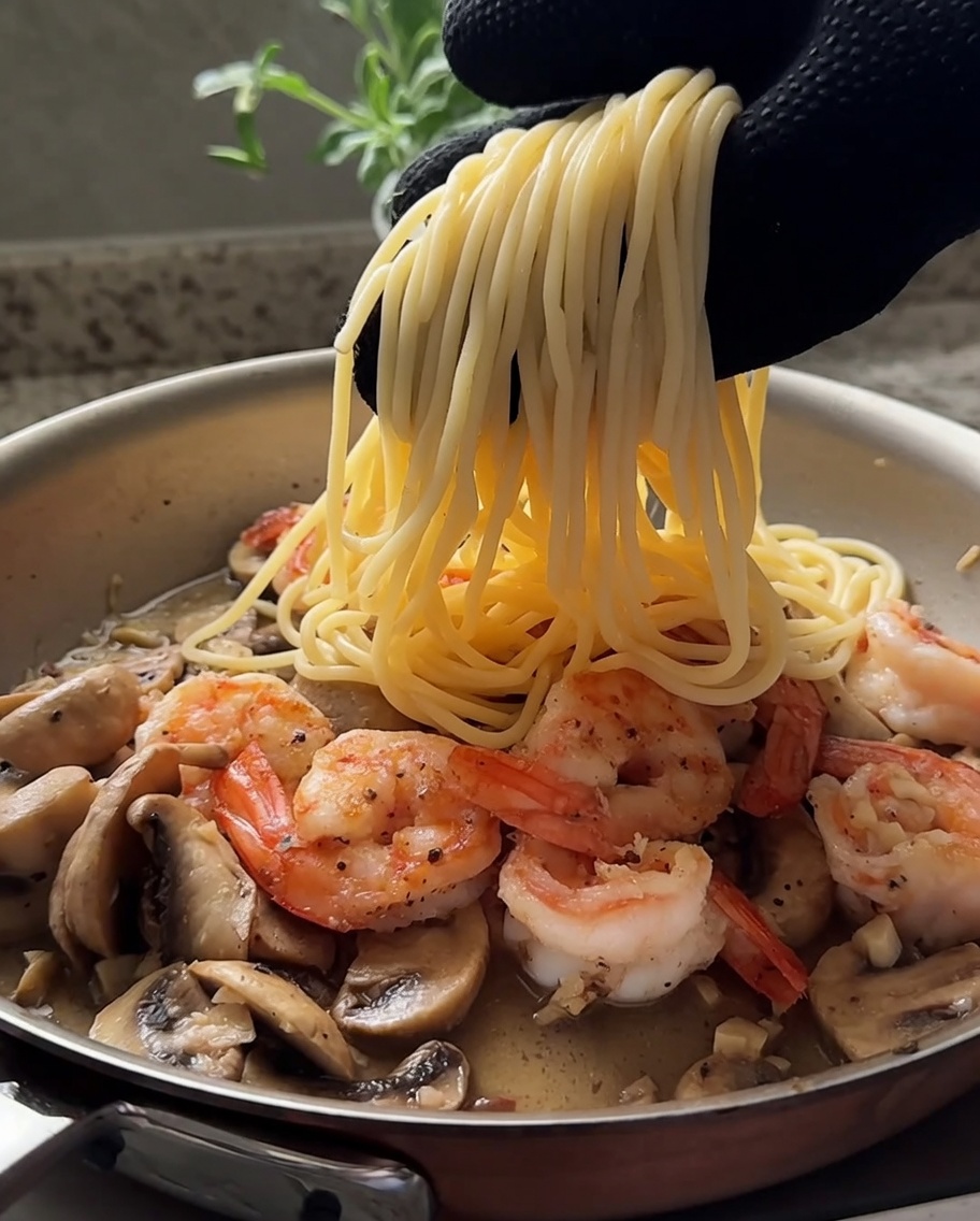 Spaghettis mélangés dans une poêle avec des crevettes saisies et des champignons sautés.