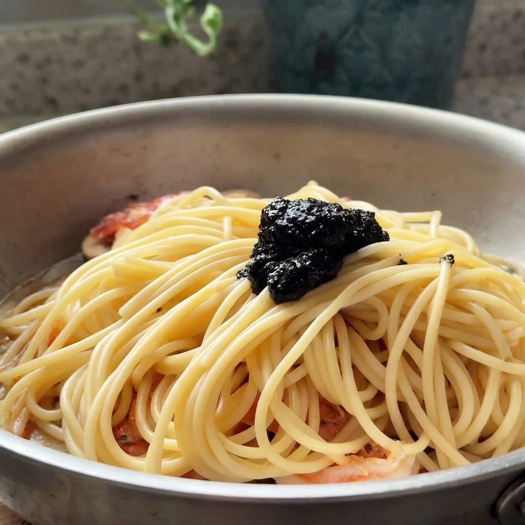 Cuillerée de pâte de truffe noire posée sur les spaghettis et crevettes cuits dans la poêle.