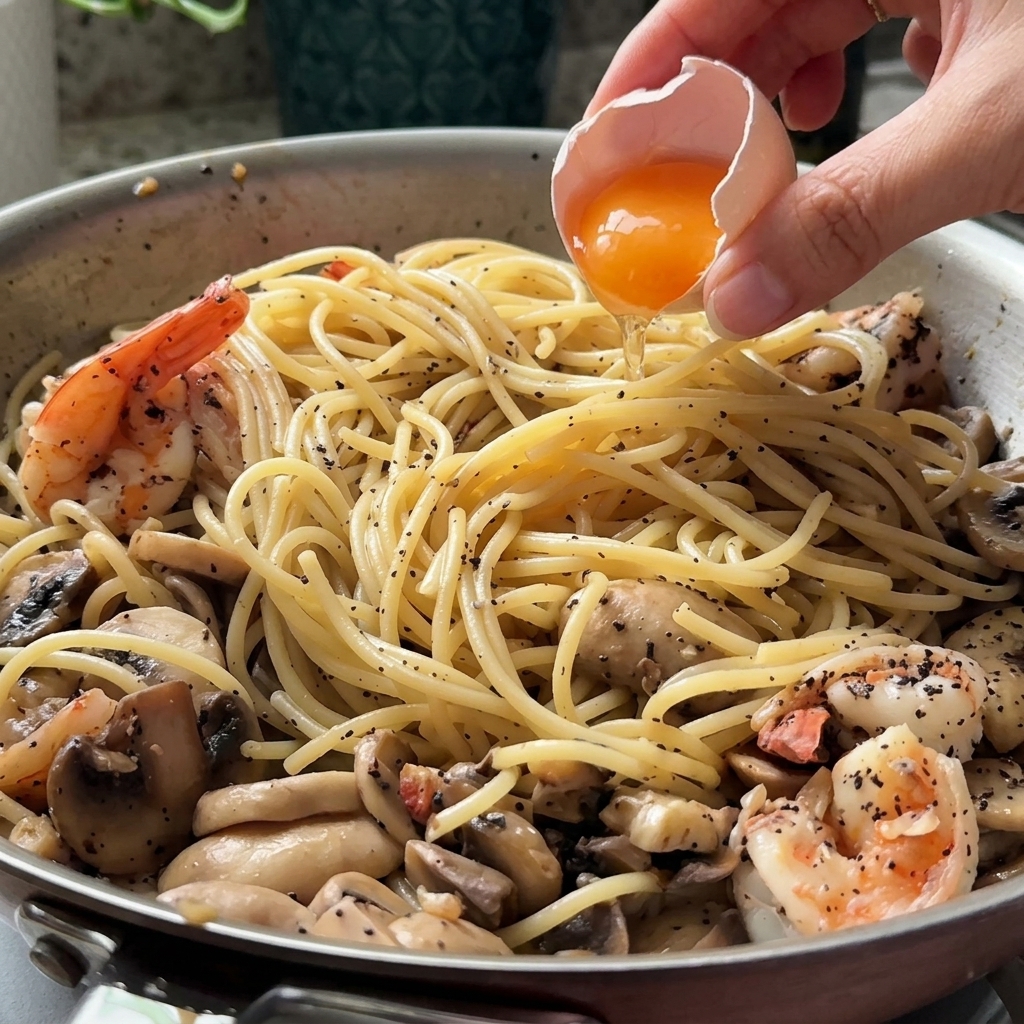 Un jaune dœuf frais ajouté au centre du mélange de pâtes, champignons et crevettes.