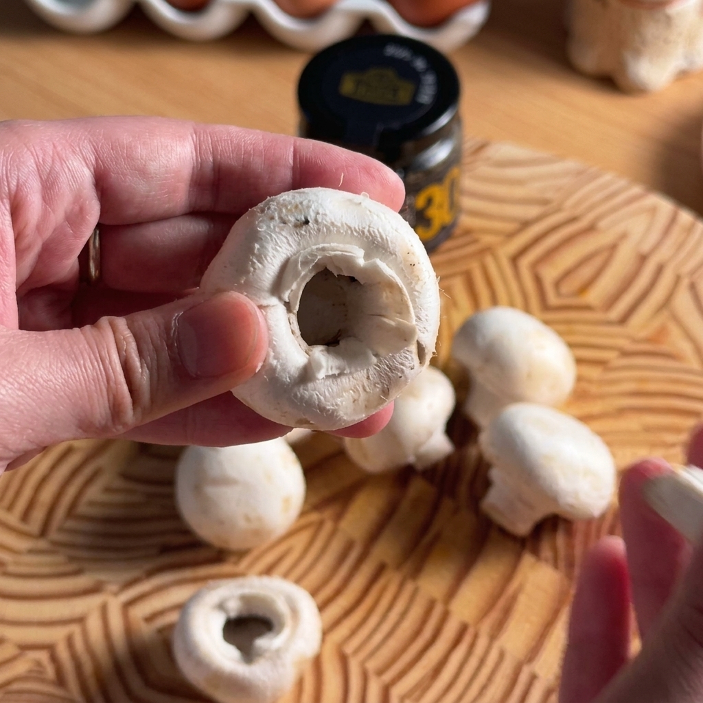 Des champignons de Paris frais soigneusement émincés sur une planche à découper en bois rustique.