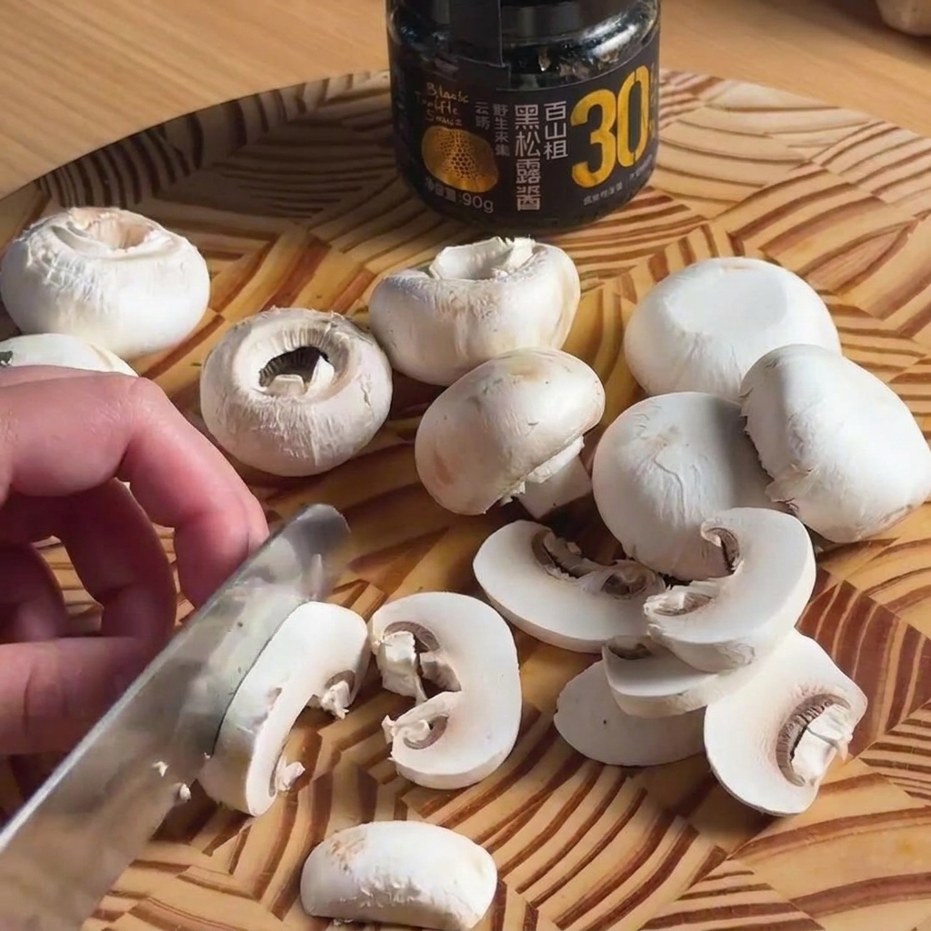 De fines lanières de bœuf cru découpées sur une planche en bois.