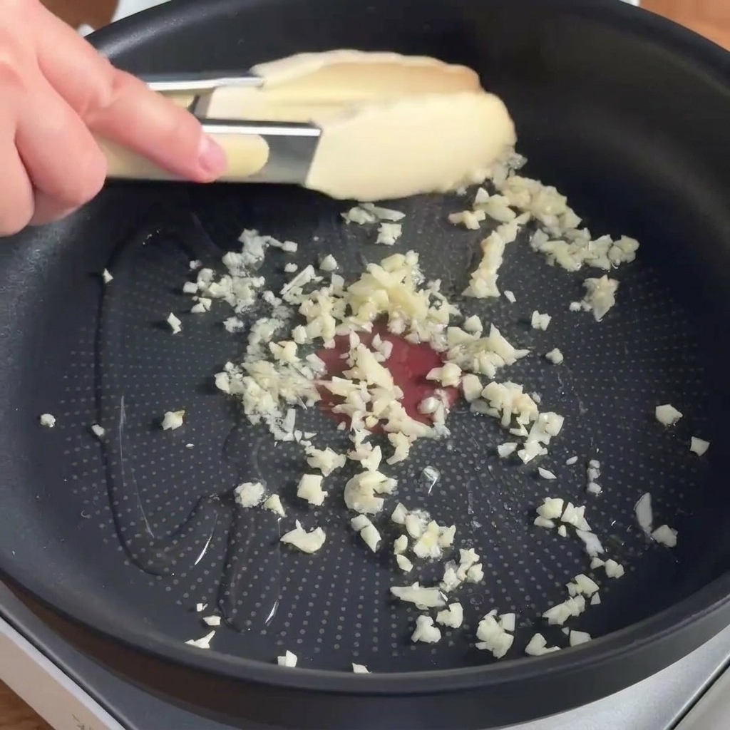 Ail émincé en train de frire dans lhuile dans une poêle antiadhésive.